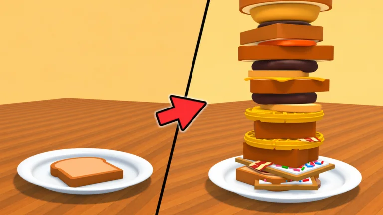 My Giant Sandwich Roblox 中持续成长的高大食物堆叠